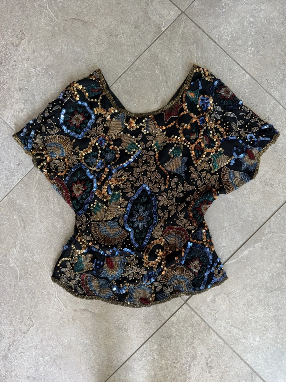 INCREDIBLE Vintage 80s Black Tie 100% Silk Fully Beaded Statement Top Sz Medium - Picture 8 of 11